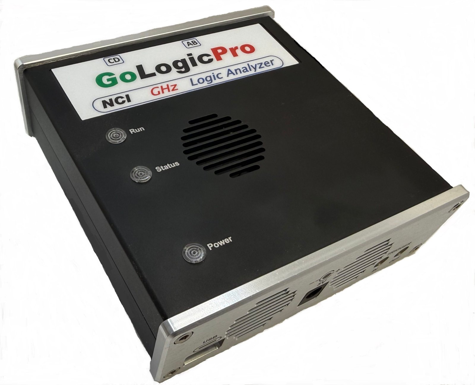 Top view of a GoLogicPro logic analyzer with a labeled front panel showing Run and Power indicators, and a large GoLogicPro logo badge on the unit.